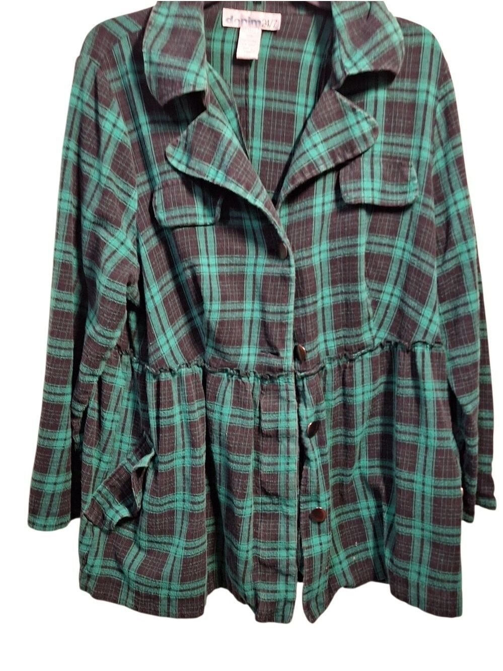 Denim 24//7 Green Plaid Peplum Button Front Jacket Flannel Vintage 22W